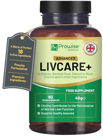 Advanced Livcare+ 60 Capsules | Added with Choline, Artichoke, Burdock Root, Dandelion Root, and 14 Other Active Ingredients | Liver Cleanse Detox and Repair for Men and Women by Prowise