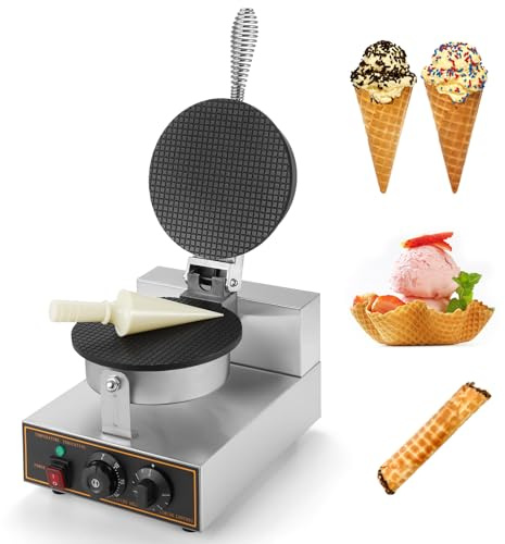 IRONWALLS Commercial Waffle Cone Maker Machine, 110V 1200W Stainless Steel Electric Ice Cream Cone Waffle Maker Machine with 8.3” Non-stick Baking Tray, Temperature & Time Control for Restaurant