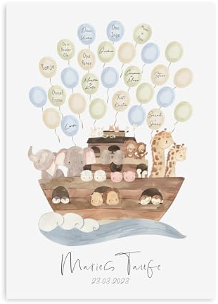 Gästeposter PERSONALISIERT mit Namen und Datum als Geschenk Taufe (Arche mit Luftballons, DIN A4)