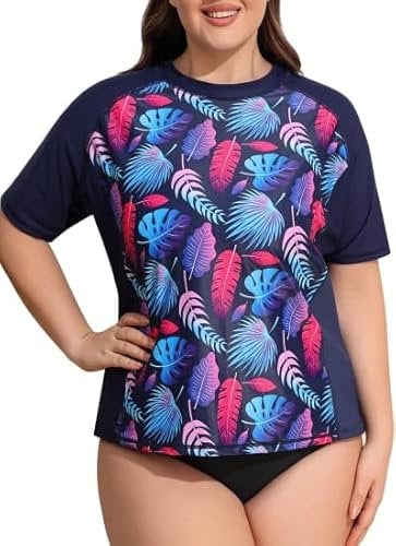 Generic Women Plus Size Short Sleeve Rash Vest Crew Neck UV Rash Guard Swim Top Summer Surfing Shirts Leaves Navy 3X