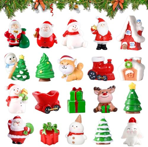 AQXONG 20Pcs Figurine Miniature de Noël Décorations de Noël Miniatures Décoration de Noël en Résine Kit de Résine Miniature de Noël Mini Figurine de Dessin Animé de Noël Cadeau Surprise de Noël