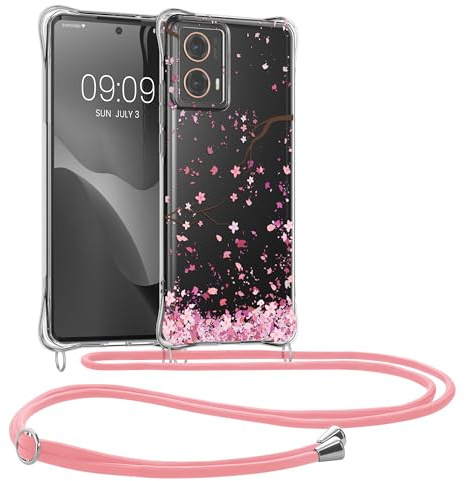kwmobile Necklace Case kompatibel mit Motorola Moto G85 5G Hülle - Silikon Cover mit Handykette - Rosa Dunkelbraun Transparent Kirschblütenblätter