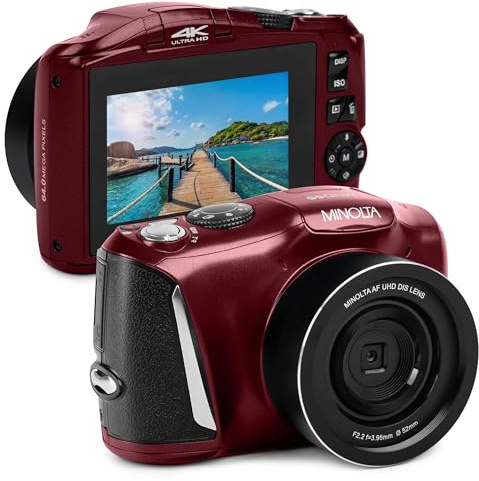 Minolta 64MP Digital Camera – 4K Ultra HD Video at 60FPS, 16x Digital Zoom, WiFi, CMOS Sensor, 3-inch LCD Display, Auto Exposure - Includes 32GB Memory Card, Rechargeable Battery (Red)