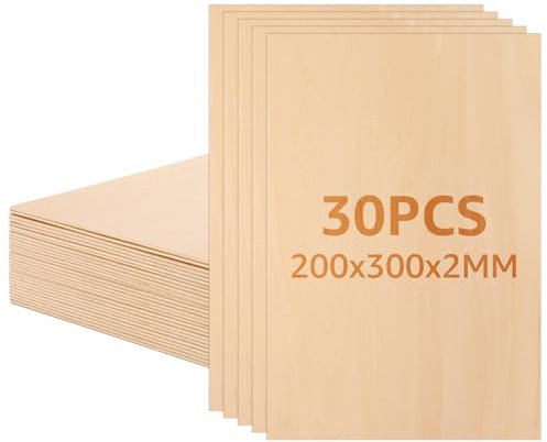 CYEER 30 fogli di compensato da 2 mm, 200 x 300 mm, in legno di tiglio, pannelli di legno per bricolage, fogli di compensato per fai da te, progetti laser, incisioni cave