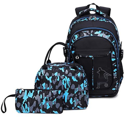 Workout Backpack Black School Backpack For Boys Cool Camouflage Bookbags With Lunch Box Pencil Case 3pcs For Middle School Battery Backpack Leaf Blower (Sky Blue, 19)