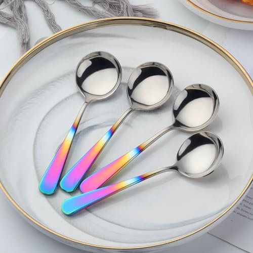 Buyer Star Suppenlöffel Edelstahl, Esslöffel 6 Stück Runde Dessertlöffel Besteck, 6,3 Zoll Edelstahl Löffel für Müsli Porridge Früchte Joghurt, Spülmaschinenfest (6, Regenbogen Gradient)