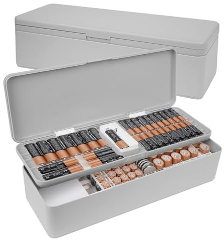 Adorila Battery Organizer Storage Box, Battery Storage Case with Electric Quantity Detection, Battery Case Holder for 50 AA, 46 AAA, 19 Button Cell (Grey)
