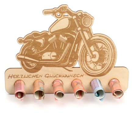 Kreative Feder Geldgeschenk Motorrad zum Führerschein - Geldscheinhalter aus Holz in originellem Design mit 6 Löchern für Geldscheine (Motorrad)