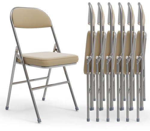 Chleby 6er Set Bequemer Klappstuhl Küche aus Leder Klappstühle Besucherstuhl mit Dickes Kissen Klappbare Esszimmerstühle sind geeignet für Küche, drinnen, draußen, Konferenzraum Beige