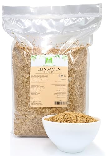 Gold Leinsamen ganz 5kg rohe goldene Leinsamen gelb von Green Essence | Goldleinsamen ohne Zusätze, Lein Samen ideal zum Backen, vegan, Naturbelassen, Rohkostqualität, Leinsaat gelb 5kg, 5x 1kg