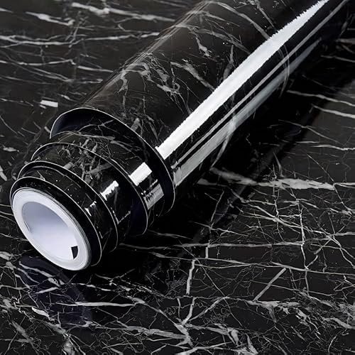 Retoo Möbel-Klebefolie 60 cm x 5m Möbelfolie Selbstklebend Marmor Küchenfolie Folierung Deko-Folie Tisch Tischfolie Fensterbank Küchenfronten Küchen-Schrank Schrankfolie Stein-Optik PVC Schwarz