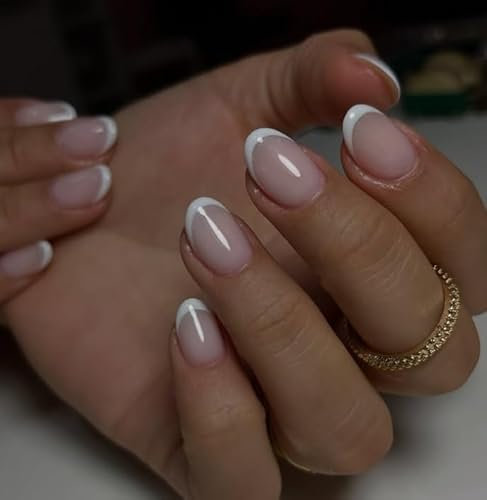 MouyouGlow Press on Nails Kurz,Rund Nude Rosa Weiß French Fake Nails mit Nagelkleber,White Tip Pink Natural Acryl Künstliche Fingernägel