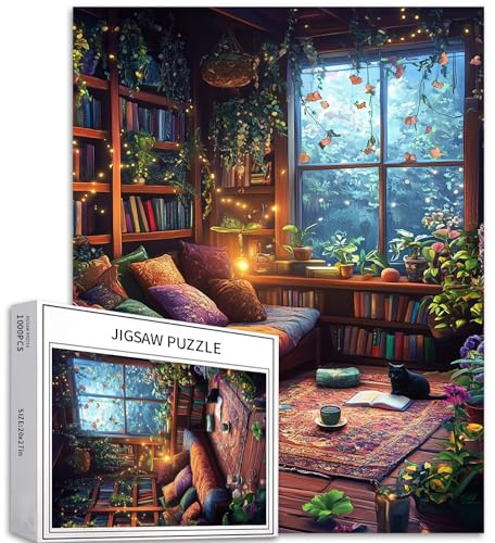 Warm Magic House 1000 Teile Puzzle für Erwachsene, niedliche schlafende Katze, Kunst-Puzzle, bunt, DIY-Puzzles für Heimdekoration, Geschenke, Familienpuzzle, perfekt für Spielabende, 50,8 x 68,9 cm