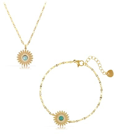 Made by Nami Set Halskette Damen und Armband Damen Boho Schmuck mit Blumen Anhänger und türkisem Stein aus Chirurgischer Edelstahl Schmuckset Hypoallergen & Wasserfest