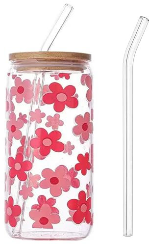 Tressora Cute Glass Coffee Mugs with Lids and Straws – Daisy Design Iced Coffee Cup, Aesthetic Tumbler for Women, Flower Drinking Glasses, Perfect Coffee Lover Gift for Women (Safflower Design)