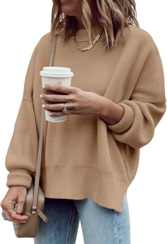 Saodimallsu Jersey de manga larga para mujer, cuello redondo acanalado, abertura lateral, suéter de punto para otoño e invierno