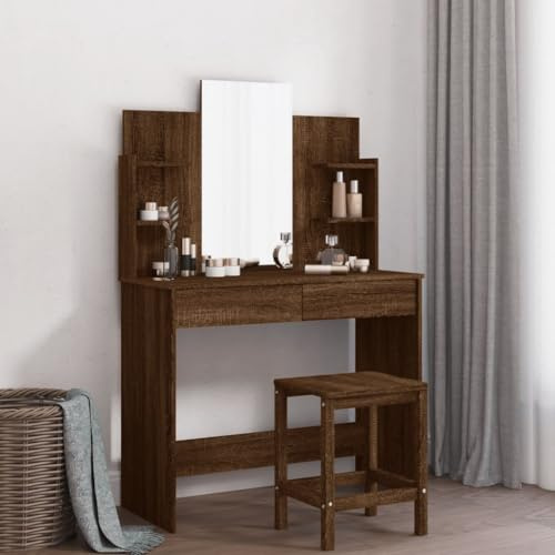 Teenpull Schminktisch mit Spiegel, Braun Eichen-Optik, 96x39x142 cm, praktischer Vanity Desk für Makeup und Storage im Bedroom