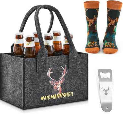 SATINIOR Bier Geschenke für Jäger 24 x 15 x 15 cm Waidmannsheil mit Hirschkopf Männerhandtasche aus Extra Dickem Filz mit 6 Fächern und Socken Flaschenöffner Flaschenträger für Geburtstag Weihnachten