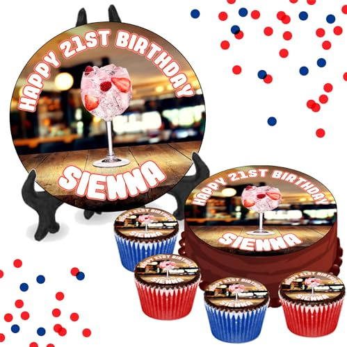 Pink Gin PERSONALISED Edible Cupcake Toppers / 8 Inch Cake Wafer or Icing - Adults Birthday Alcohol Drinking Party Decorations - Perfect for Brownies, Cookies, Muffins & More!
