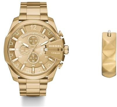 Diesel Herren Mega Chief Goldfarbene Edelstahl Uhr und Ohrringe, Set