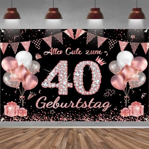 40. Geburtstag Banner Frauen Deko Roségold Schwarz 40 Geburtstag Hintergrund Banner, Extra Große Stoff Schild Poster für 40. Geburtstagsparty Deko, 210x150 cm