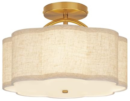 CALOKES Deckenleuchte, 3-flammig, Ø 30 cm – Elegante Blütenform mit beigem Leinenschirm & goldenem Arm. Ideal für Schlafzimmer, Küche, Wohnzimmer, Flur oder Eingangsbereich
