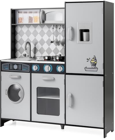 FANTASK Holzküche Kinder, Spielküche mit Licht Sound & Kochherd, Küchenspielset mit Mikrowelle Waschmaschine Ofen Zubehör für Kinder ab 3 Jahren, Schwarz