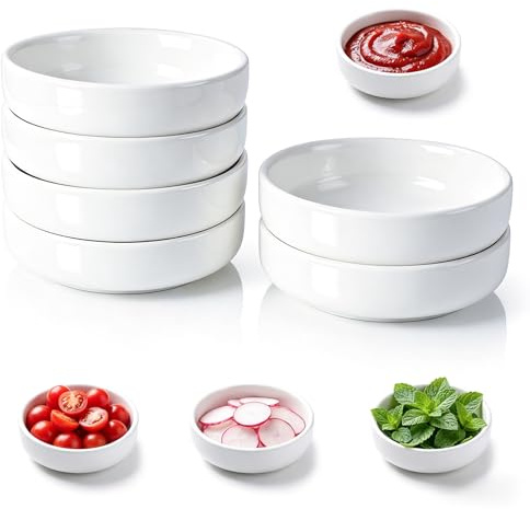 Wonuante 6 Stück Dip Schälchen Set, 9 x 2,5 cm Keramik Dipschälchen, Rund Sojasauce Schälchen, für Sushi Soße Dips Snack BBQ Gewürze, Weiß