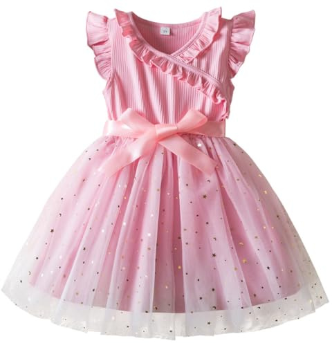LUVCES Vestito da Bambina Ragazza Casual Volant Manica Lunga/Corta Stampa Floreale Tutu Abito Principessa Abiti per Bambini Festa di Compleanno 2-6 Anni