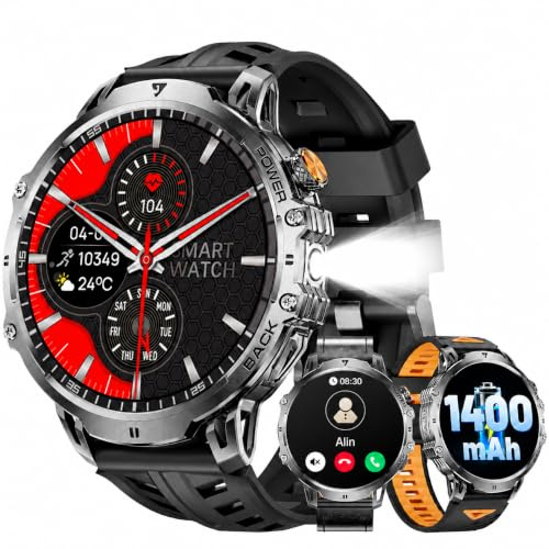 LIGE Militär Smartwatch Herren(3 Armbändern) - 1400 mAh/1,85 HD Großes Touchscreen/LED-Licht, Fitnessuhr mit 110+ Sportmodi, Herz-/Schlaftracking,Sportuhr für iOS/Android, Tiefschwarz