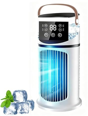 Mini Condizionatore Portatile | 27 cm Raffreddatore D'aria Silenzioso | 4 in 1 Con Deumidificatore | 9 Velocità | Luce Notturna 7 Colori E Illuminazione LED | Per Camera, Ufficio, Campeggio