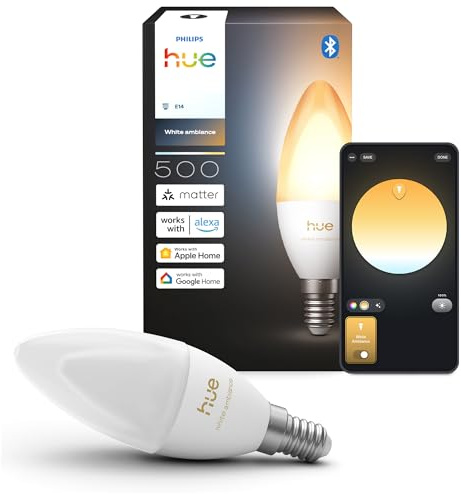 Philips Hue Smart LED-Leuchtmittel, B39, E14, 1er Pack, White Ambiance, Vollspektrumlicht 1.000 K–20.000 K, 500 lm, Extrem Niedrig Dimmbar, Alexa, Google Home, Apple Home