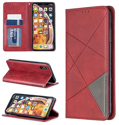 SATURCASE Case for Apple iPhone XS Max, Rhombus PU Leather Flip Built-in Magnet Wallet Stand Card Slots Protective Cover for Apple iPhone XS Max (Red)
