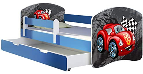 ACMA Kinderbett Jugendbett mit Einer Schublade und Matratze Blau mit Rausfallschutz Lattenrost II 140x70 160x80 180x80 (05 Rote Auto, 180x80 + Bettkasten)