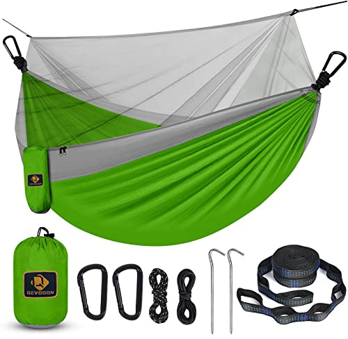Camping Hammock with Net, Travel Portable Lightweight Hammock with Tree Straps and D-Shape Carabiners, Parachute Nylon Hammock for Outsides Backpacking Beach Backyard Patio Hiking, Black & Grey