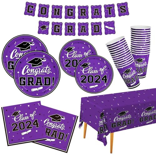Graduation Party Supplies Gatherfun Graduation Party Dinnerware Set Purple Disposable Paper Plates Napkins Cups Tablecloth Banner for Congrats Grad Party Decorations, Serve 25