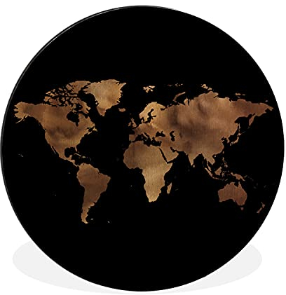 MuchoWow Wandbild Rund Wanddeko Deko Wohnzimmer Bilder 60x60 cm Weltkarte - Gold - Schwarz