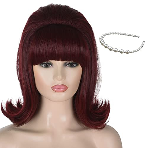 Kurze Weinrote Rot Vintage Perücke mit Perlen stirnband, ATAYOU 60er 70er Jahre Dunkelrot Bouffant Beehive Perücke für Frauen 60er Retro Halloween Cosplay Kostüm Burgunder Rot Perücke