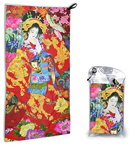 AROONS Schnell trocknendes Handtuch mit Tasche – Retro-japanisches Geisha-Mädchen, bedruckt, super saugfähiges Gesichtstuch, Mikrofaser, Reise-Sport-Handtücher, 40 x 80 cm