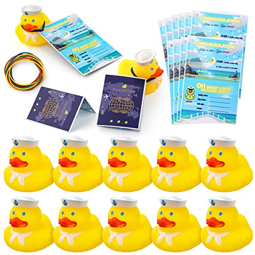 12 Sets Duck Tag Cruise Kits, 12pcs Funny Rubber Ducks for Cruise Ships and 12pcs Tags with Elastic Bands, Yellow Rubber Ducks for Cruises for Kids Students Party Ducking Games
