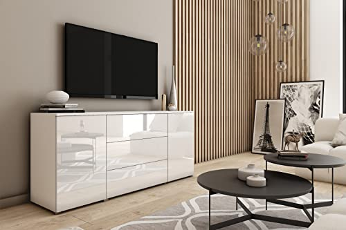 MINIO go for it - Kommode mit Schubladen Parma, 150cm Breit, Sideboard Wohnzimmer Möbel, Push to Open Schubladenschrank - Weiß/Weiß Hochglanz