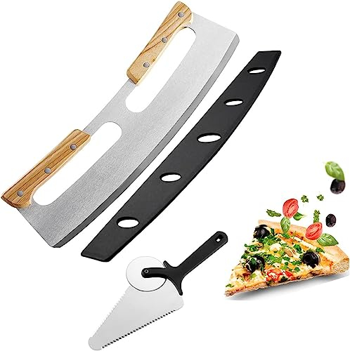 Pizza Knife Cutter, Pizza Slicer, 14 Stainless Steel Pizza Cutter with Safe Wooden Handle & Protective Cover and Small Pizza Shovel, Premium Pizza Oven Accessories