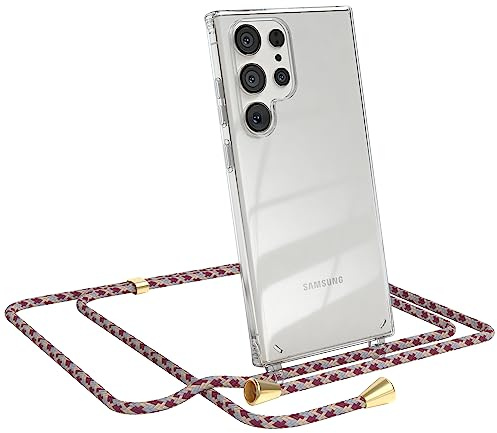 EAZY CASE - Handykette kompatibel mit Samsung Galaxy S23 Ultra Kette zum Umhängen für Samsung Galaxy S23 Ultra Hülle mit Band aus Silikon transparente Handyhülle als Fallschutz in Rot Camouflage
