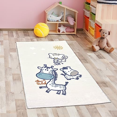 CARPETIA Spielzimmer-Teppich in Cream mit Zootieren | super weich & pflegeleicht 80 x 150 cm