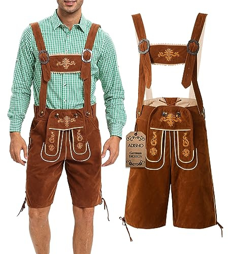 Adisno Lederhosen,Lederhosen Oktoberfest,Lederhose Uomo,Pantaloni Oktoberfest Uomo,Marrone, Ricamato, Materiale Flanella (54)