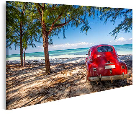 Prime Bild auf Leinwand Oldtimer an einem Strand in Kuba Bilder Wandbild Poster Leinwandbild
