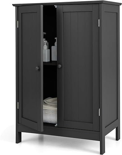 Multigot Bathroom Floor Cabinet, Wooden Freestanding Cupboard with 3-Position Adjustable Shelf and Double Door, Slim Storage Organizer Unit for Bathroom Living Room Hallway (60 x 35 x 87cm, Black)
