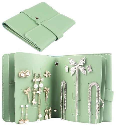 Fangoo Ohrring Aufbewahrung Buch Schmuckkästchen aus Pu Leder Kleines Buch zur Sicheren Aufbewahrung Ohrringe Tragbar Reise-Schmucketui(Grün)