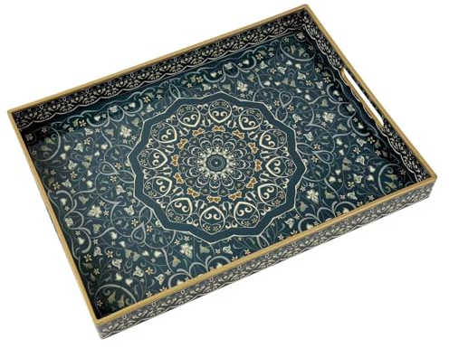 Grand plateau de service décoratif, plateau bohème avec poignées, grand plateau de service pour table basse ottomane, plateau décoratif pour salon, salle de bain et comptoir de cuisine, grand plateau