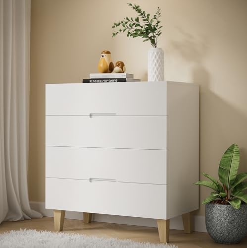 skølm Kommode Freyr, Schrank mit 4 Schubladen Schubladenschrank in weiß/Natur, Sideboard für Schlafzimmer, Wohnzimmer aus Birke und MDF